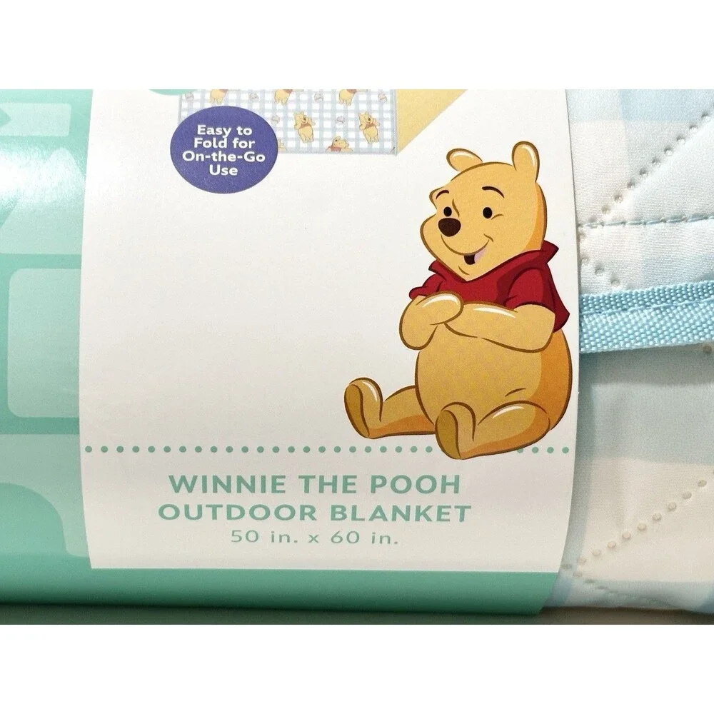 Disney Baby Winnie the Pooh Outdoor Picnic Blanket Gingham Blue Waterproof 50x60